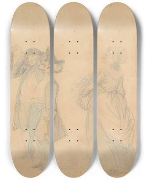 Triptych art skateboard deck of Henry William Bunbury The Balloon by Henry William Bunbury (1750-1811)