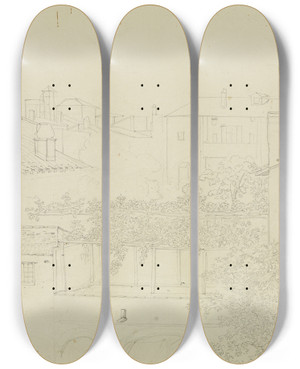 Triptych art skateboard deck of Friedrich Mosbrugger  Blick Auf Hinterhuser Und Eine Pergola In Einer Italienischen Stadt by Friedrich Mosbrugger (1804-1830)
