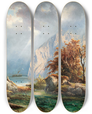 Triptych art skateboard deck of Carl Franz Emanuel Haunold A View Of Lake Wolfgangsee by Carl Franz Emanuel Haunold (1832-1911)