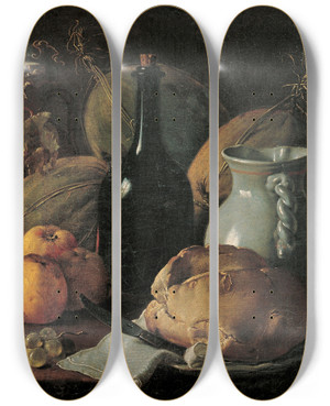 Triptych art skateboard deck of Luis Melndez Still Life With Apples Grapes Melons Bread Jug And Bottle by Luis Melendez (1716-1780)