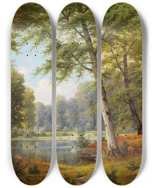 Triptych art skateboard deck of Jacobus Johannes Van Poorten Rotwild Am Waldteich by Jacobus Johannes Van Poorten (1841-1914)