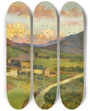Triptych art skateboard deck of Marie Egner Abend Im Sextenthal Kreuzbergsattl by Marie Egner (1850-1940)
