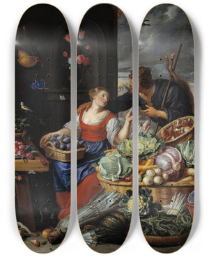 Triptych art skateboard deck of Jan Van Kessel The Elder Fruit And Vegetable Market With A Young Fruit Seller by Jan Van Kessel The Elder (1626-1679)