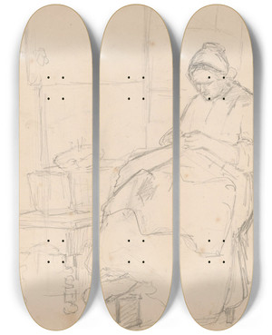 Triptych art skateboard deck of Hendrik Valkenburg Zittende Vrouw Met Naaiwerk by Hendrik Valkenburg (1826-1896)