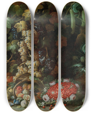 Triptych art skateboard deck of Francesco Della Questa An Overturned Basket Of Fruit Flowers And Vegetables With A Strawberryfilled Garland In A Villa Garden by Francesco della Questa (1652-1723)