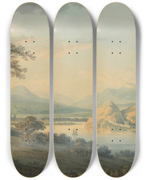Triptych art skateboard deck of Hugh William Williams View Of The Town And Castle Of Dumbarton by Hugh William Williams (1773-1829)