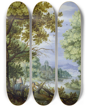 Triptych art skateboard deck of Jan Brueghel The Younger Forest Landscape With Flight Into Egypt by Jan Brueghel the Younger (1601-1678)