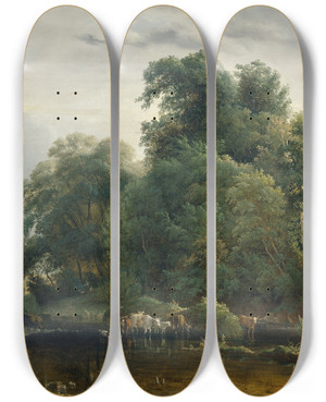 Triptych art skateboard deck of Heinrich Peyer Landschaft Mit Viehherde Und Hirtin by Heinrich Peyer (1816-1854)