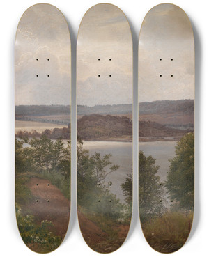 Triptych art skateboard deck of Vilhelm Kyhn The Lakes At Laven Near Silkeborg by Vilhelm Kyhn (1819-1903)