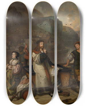 Triptych art skateboard deck of Joseph Lies Albrecht Drer Sailing Down The Rhin by Joseph Lies (1821-1865)
