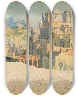 Triptych art skateboard deck of Friedrich Maximilian Hessemer Vision Of An Islamic City by Friedrich Maximilian Hessemer (1800-1860)
