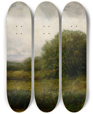 Triptych art skateboard deck of Edward Mitchell Bannister Untitled Landscape With Oxen And Haycart Crossing Bridge by Edward Mitchell Bannister (1828-1901)
