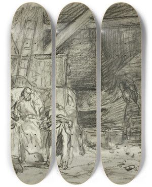 Triptych art skateboard deck of Charles Emile Jacque Interior Of A Blacksmiths Shop by Charles Emile Jacque (1813-1894)