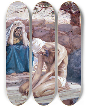 Triptych art skateboard deck of James Tissot Job And His Three Friends by James Tissot (1836-1902)