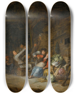 Triptych art skateboard deck of Gerrit Lundens A Barn Interior With Figures Drinking Around A Table by Gerrit Lundens (1622-1686)