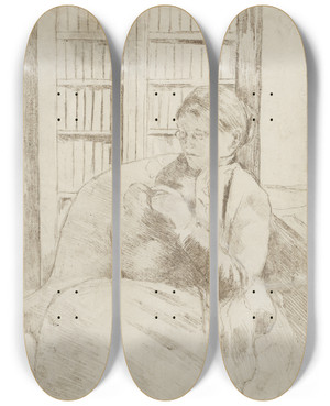 Triptych art skateboard deck of Mary Cassatt Knitting In The Library Verso by Mary Cassatt (1844-1926)