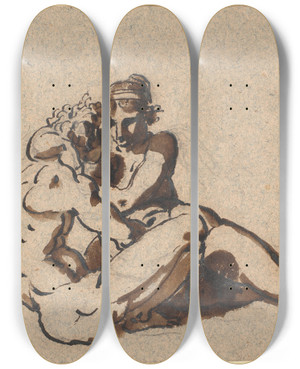 Triptych art skateboard deck of Nicolai Abildgaard En Mand Og En Kvinde Der Omfavner Og Krtegner Hinanden by Nicolai Abildgaard (1743-1809)