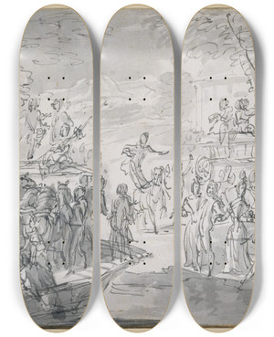Triptych art skateboard deck of Claude Gillot Scene At The Fair by Claude Gillot (1673-1722)