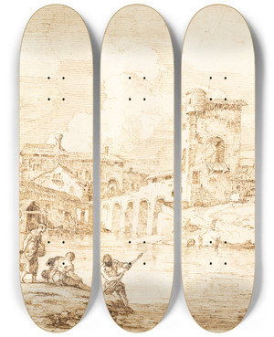 Triptych art skateboard deck of Marco Ricci A Fortified Village Along A River by Marco Ricci (1676-1729)