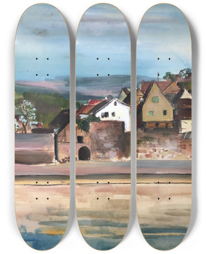 Triptych art skateboard deck of Otto Geigenberger Hirschhorn Am Neckar by Otto Geigenberger (1881-1946)