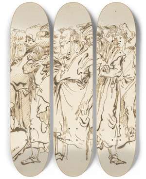 Triptych art skateboard deck of Giovanni Domenico Tiepolo A Crowd Of Ancient Warriors Orientals And Two Boys Gathering For A Sacrifice by Giovanni Domenico Tiepolo (1727-1804)