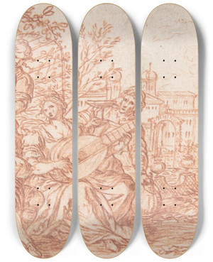 Triptych art skateboard deck of Jonas Umbach May One Of A Series Representing The Labors Of The Months by Jonas Umbach (1624-1700)