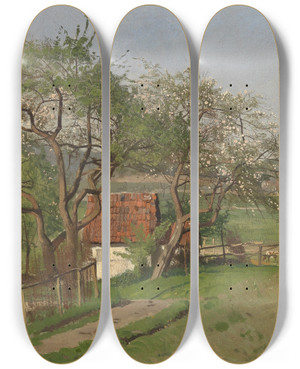 Triptych art skateboard deck of Otto Strtzel Frhlinglandschaft by Otto Strutzel (1855-1930)