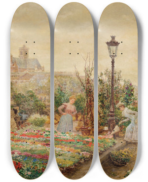 Triptych art skateboard deck of Mariefranois Firmingirard Le Quai Aux Fleurs Et Lhtel De Ville by Marie-Franois Firmin-Girard (1838-1921)
