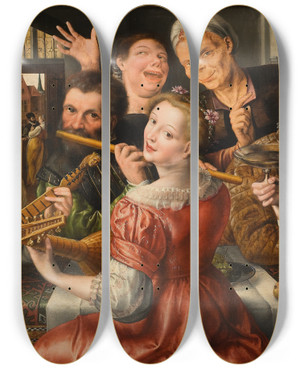 Triptych art skateboard deck of Jan Massys A Merry Company by Jan Massys (1510-1575)