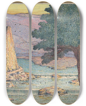Triptych art skateboard deck of Herbert Crowley River Landscape With Rapids by Herbert Crowley (1873-1937)