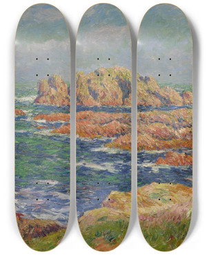 Triptych art skateboard deck of Henry Moret Les Rochers Quessant by Henry Moret (1856-1913)
