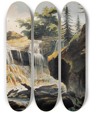 Triptych art skateboard deck of Caspar Wolf Wasserfall Im Tobel Bei Muri by Caspar Wolf (1735-1783)