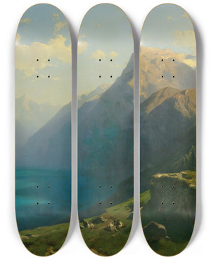 Triptych art skateboard deck of Alexandre Calame View Of Lake Lucerne From Seelisberg by Alexandre Calame (1810-1864)