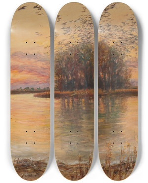 Triptych art skateboard deck of Carl Massmann Tageserwachen Prater Heustadlwasser by Carl Massmann (1859-1929)