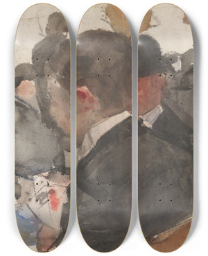 Triptych art skateboard deck of Isaac Israls Kaartende Mannen In Een Caf by Isaac Israels (1865-1934)