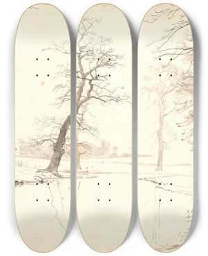 Triptych art skateboard deck of P C Skovgaard Aaen Gennem Breelde Skov Ved Usserd by P C Skovgaard (1817-1875)