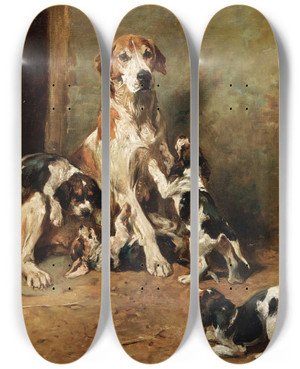 Triptych art skateboard deck of John Emms Playtime by John Emms (1843-1912) Triptych art skateboard deck of John Emms Playtime by John Emms (1843-1912)