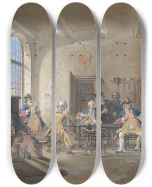 Triptych art skateboard deck of Cornelis Troost Guardroom Scene_2 by Cornelis Troost (1696-1750)