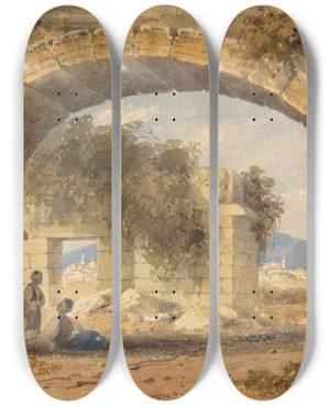Triptych art skateboard deck of William Page Figures Seated Under A Stone Arch by William Page (1811-1885)