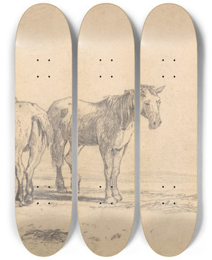 Triptych art skateboard deck of John Sell Cotman Two Old Horses Standing In A Field by John Sell Cotman (1782-1842)
