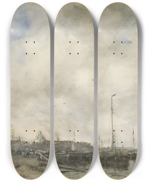 Triptych art skateboard deck of Jacob Maris Gezicht Op Een Stad by Jacob Maris (1837-1899)