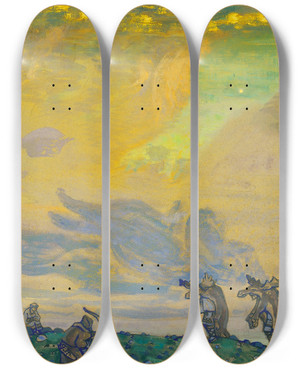 Triptych art skateboard deck of Nicholas Roerich The Great Sacrifice Setting For Ifstravinskys Ballet Sacred Spring_1 by Nicholas Roerich (1874-1947)