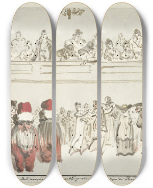 Triptych art skateboard deck of Christiaan Andriessen Bal Masqu In De Zwanenburgerstraat Dagboek 26 Maart by Christiaan Andriessen (1775-1846)