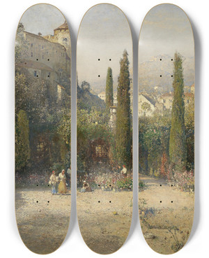 Triptych art skateboard deck of Robert Russ Gartenpartie Aus Dem Etschtal by Robert Russ (1847-1922)