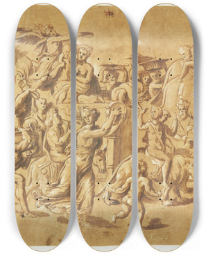 Triptych art skateboard deck of Rosso Fiorentino Bacchus Triumf_2 by Rosso Fiorentino (1494-1540) Triptych art skateboard deck of Rosso Fiorentino Bacchus Triumf_2 by Rosso Fiorentino (1494-1540)