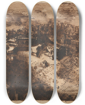 Triptych art skateboard deck of Leonardo Scaglia A Fortified Town by Leonardo Scaglia (1640-1650)