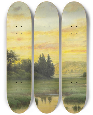 Triptych art skateboard deck of George Edward Candee West Rock Seen From Westriver by George Edward Candee (1837-1907)