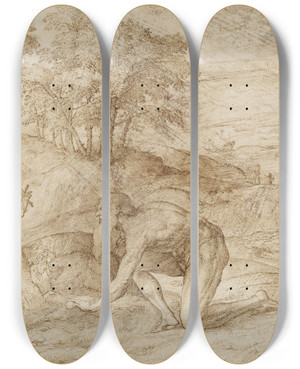 Triptych art skateboard deck of Domenico Campagnola Landscape With St Jerome by Domenico Campagnola (1500-1564)