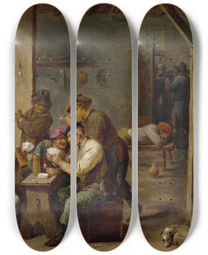 Triptych art skateboard deck of David Teniers The Younger Tavern Scene_1 by David Teniers The Younger (1610-1690)
