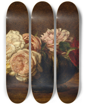 Triptych art skateboard deck of Henri Fantinlatour Roses In A Bowl_1 by Henri Fantin-Latour (1836-1904)